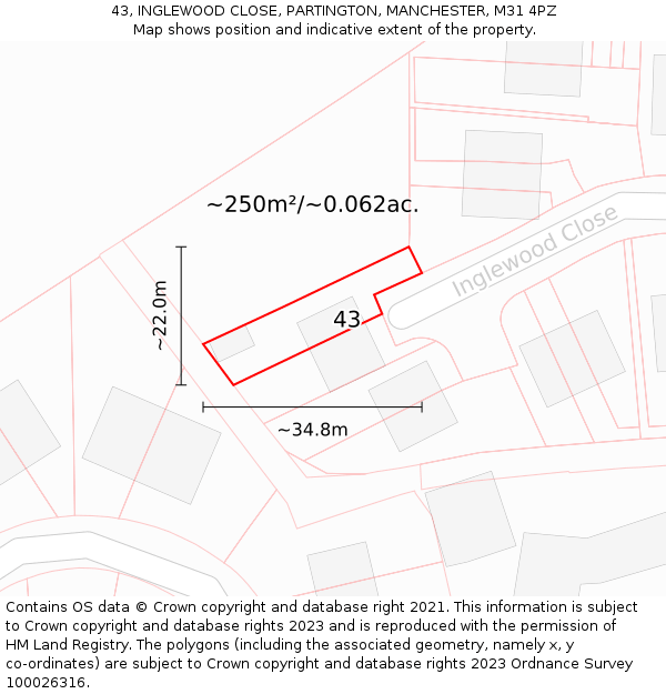 43, INGLEWOOD CLOSE, PARTINGTON, MANCHESTER, M31 4PZ: Plot and title map