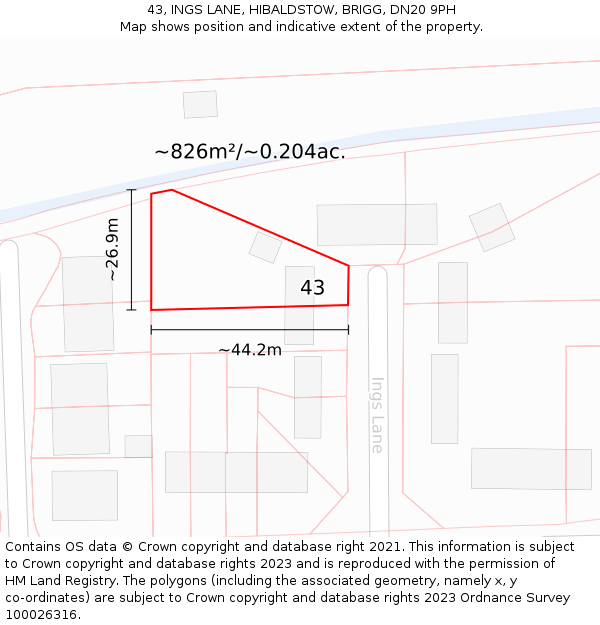 43, INGS LANE, HIBALDSTOW, BRIGG, DN20 9PH: Plot and title map
