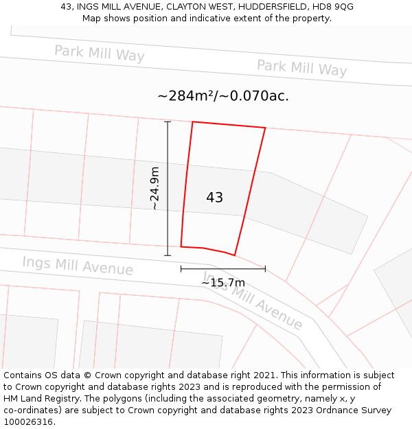 43, INGS MILL AVENUE, CLAYTON WEST, HUDDERSFIELD, HD8 9QG: Plot and title map