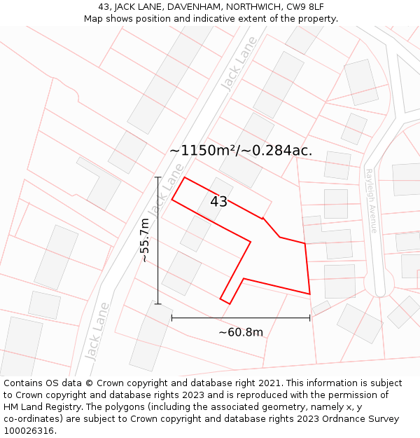 43, JACK LANE, DAVENHAM, NORTHWICH, CW9 8LF: Plot and title map