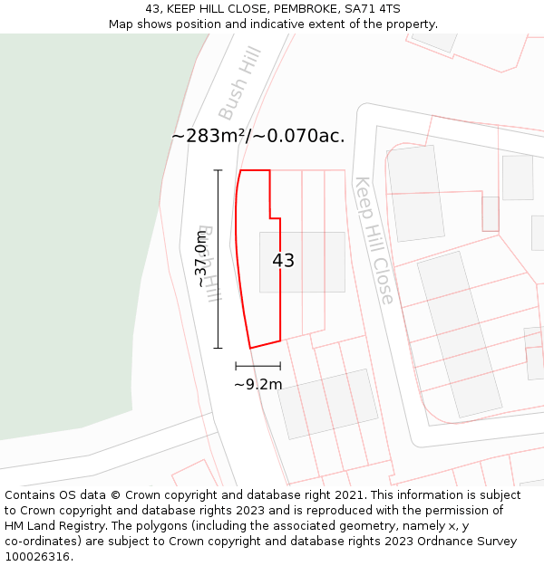 43, KEEP HILL CLOSE, PEMBROKE, SA71 4TS: Plot and title map