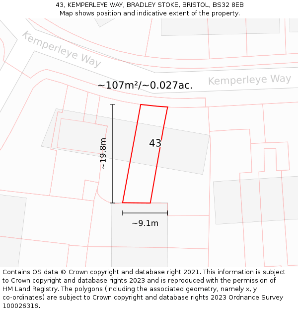 43, KEMPERLEYE WAY, BRADLEY STOKE, BRISTOL, BS32 8EB: Plot and title map
