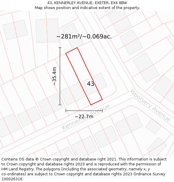 43, KENNERLEY AVENUE, EXETER, EX4 8BW: Plot and title map