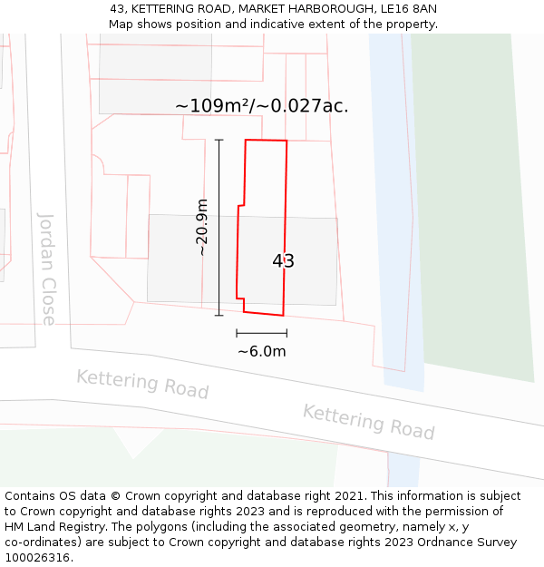 43, KETTERING ROAD, MARKET HARBOROUGH, LE16 8AN: Plot and title map