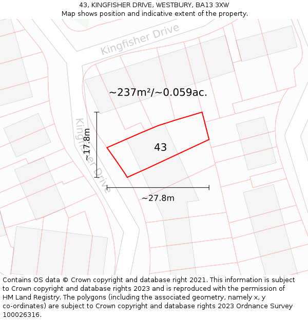 43, KINGFISHER DRIVE, WESTBURY, BA13 3XW: Plot and title map