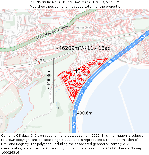 43, KINGS ROAD, AUDENSHAW, MANCHESTER, M34 5FY: Plot and title map