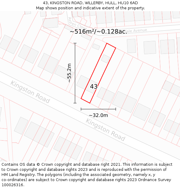 43, KINGSTON ROAD, WILLERBY, HULL, HU10 6AD: Plot and title map