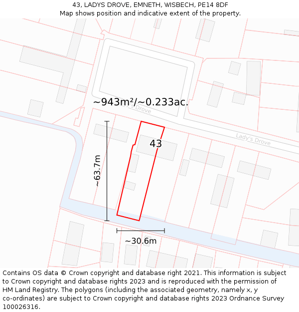 43, LADYS DROVE, EMNETH, WISBECH, PE14 8DF: Plot and title map