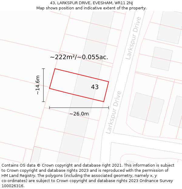 43, LARKSPUR DRIVE, EVESHAM, WR11 2NJ: Plot and title map