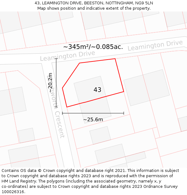 43, LEAMINGTON DRIVE, BEESTON, NOTTINGHAM, NG9 5LN: Plot and title map