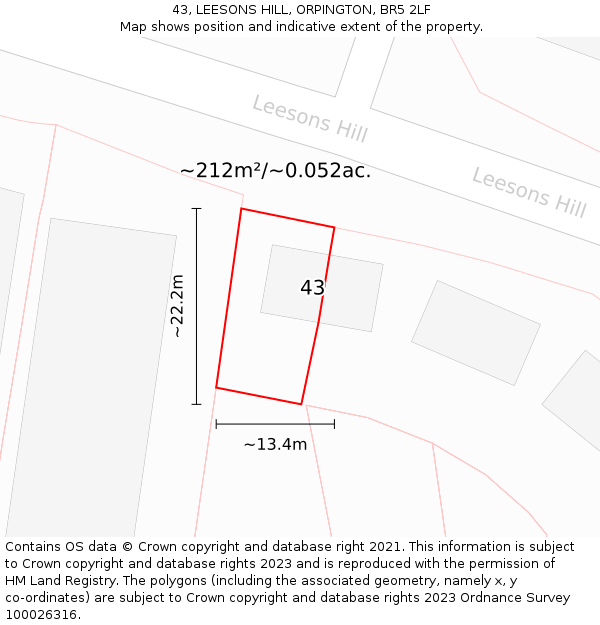 43, LEESONS HILL, ORPINGTON, BR5 2LF: Plot and title map