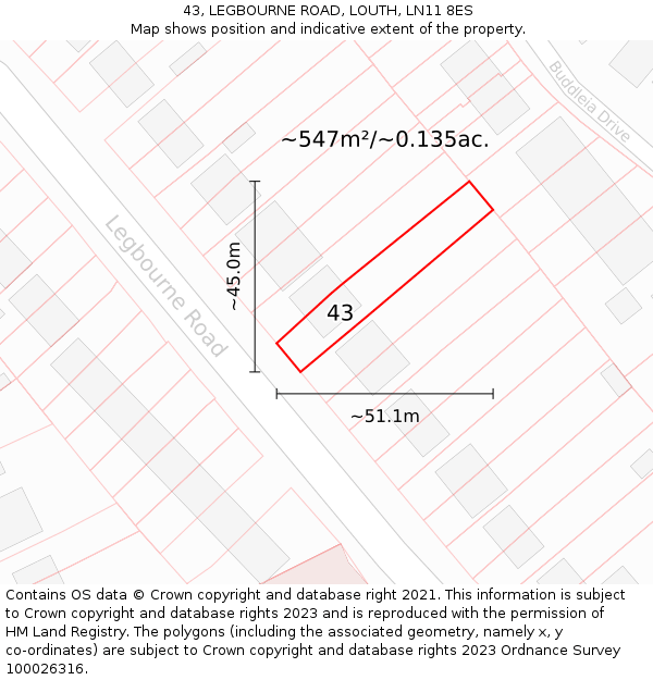 43, LEGBOURNE ROAD, LOUTH, LN11 8ES: Plot and title map