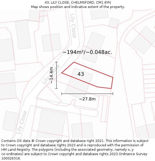 43, LILY CLOSE, CHELMSFORD, CM1 6YN: Plot and title map