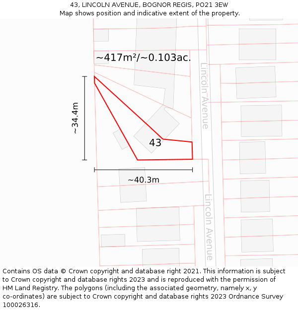 43, LINCOLN AVENUE, BOGNOR REGIS, PO21 3EW: Plot and title map