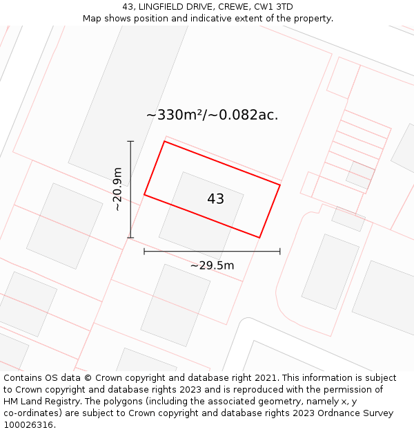 43, LINGFIELD DRIVE, CREWE, CW1 3TD: Plot and title map