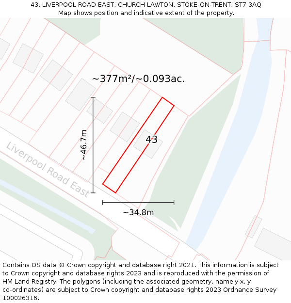 43, LIVERPOOL ROAD EAST, CHURCH LAWTON, STOKE-ON-TRENT, ST7 3AQ: Plot and title map