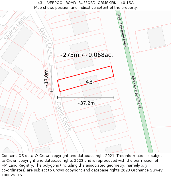 43, LIVERPOOL ROAD, RUFFORD, ORMSKIRK, L40 1SA: Plot and title map