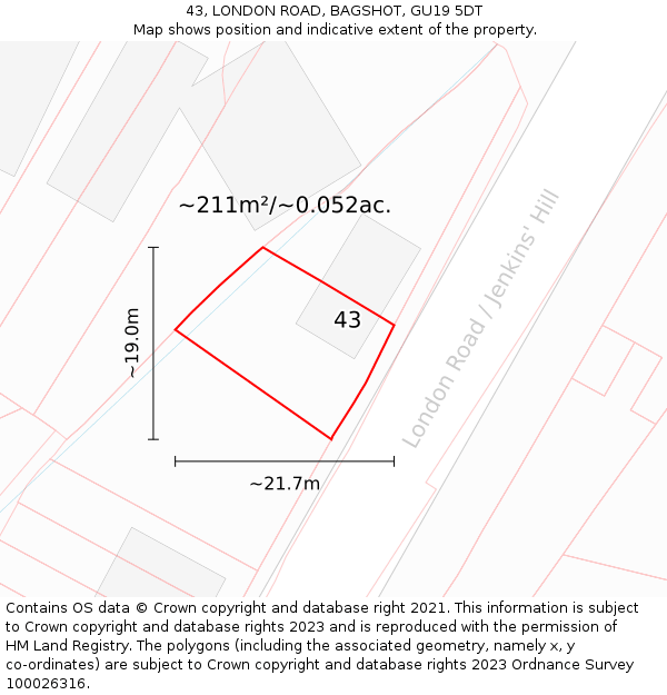 43, LONDON ROAD, BAGSHOT, GU19 5DT: Plot and title map