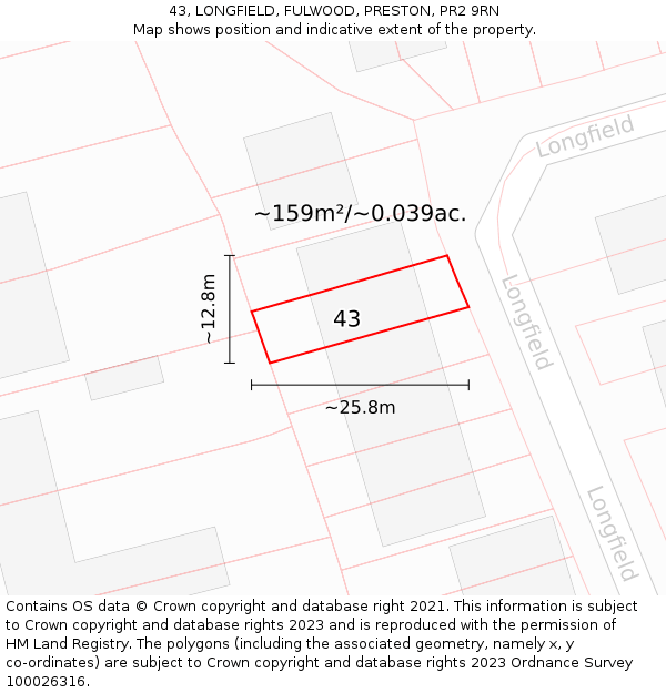 43, LONGFIELD, FULWOOD, PRESTON, PR2 9RN: Plot and title map