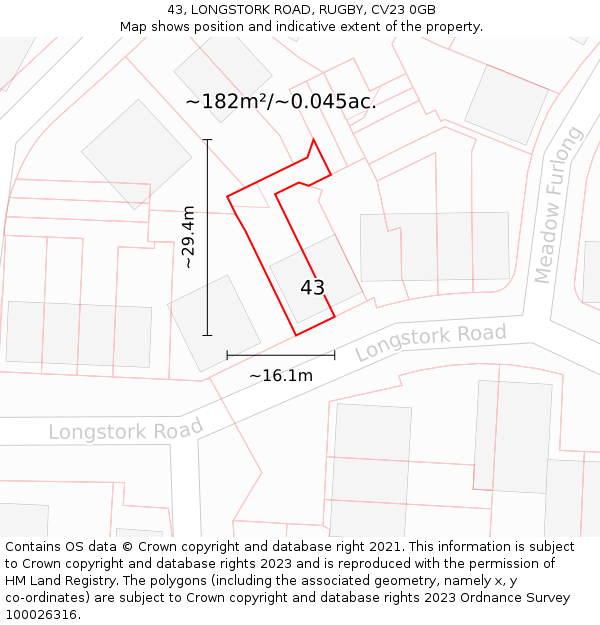 43, LONGSTORK ROAD, RUGBY, CV23 0GB: Plot and title map