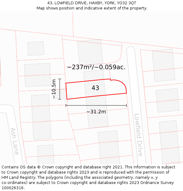 43, LOWFIELD DRIVE, HAXBY, YORK, YO32 3QT: Plot and title map