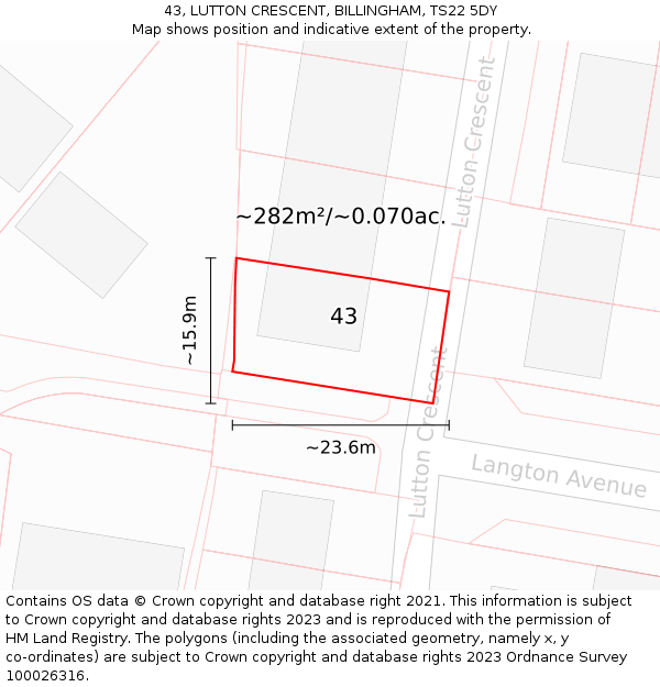 43, LUTTON CRESCENT, BILLINGHAM, TS22 5DY: Plot and title map