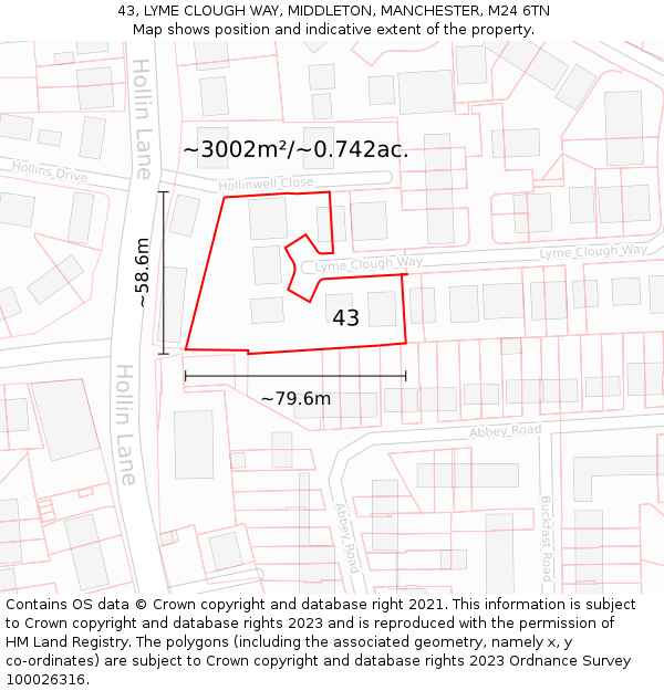 43, LYME CLOUGH WAY, MIDDLETON, MANCHESTER, M24 6TN: Plot and title map