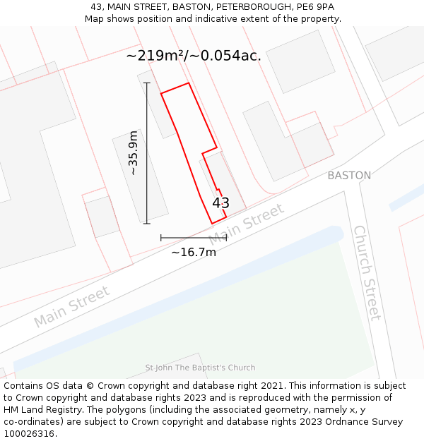 43, MAIN STREET, BASTON, PETERBOROUGH, PE6 9PA: Plot and title map