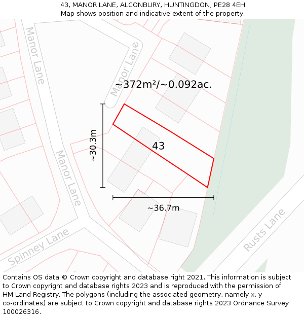 43, MANOR LANE, ALCONBURY, HUNTINGDON, PE28 4EH: Plot and title map