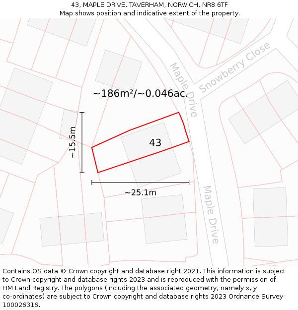 43, MAPLE DRIVE, TAVERHAM, NORWICH, NR8 6TF: Plot and title map