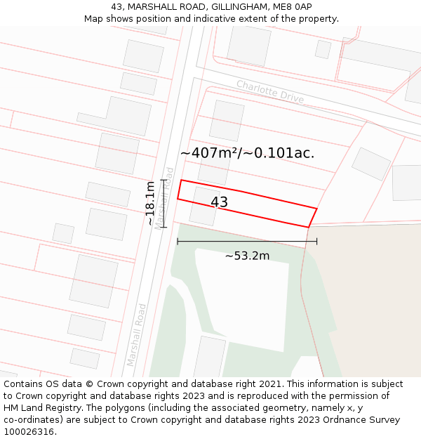 43, MARSHALL ROAD, GILLINGHAM, ME8 0AP: Plot and title map