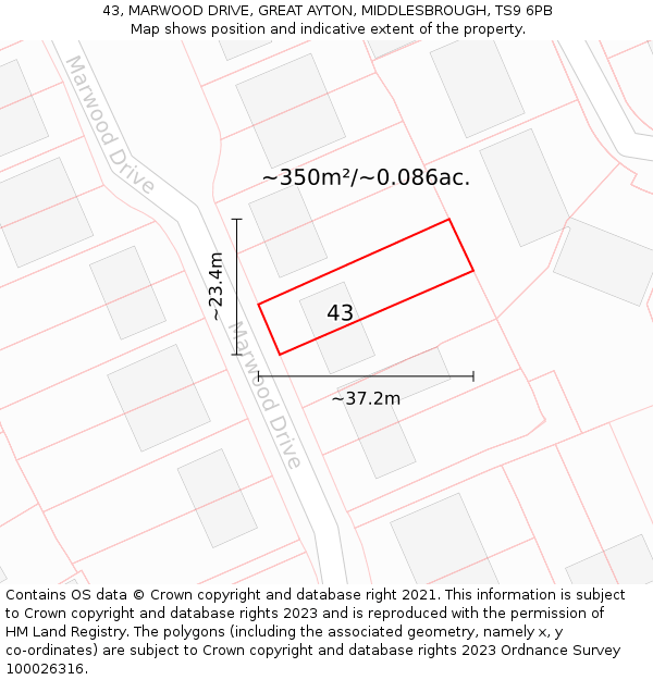 43, MARWOOD DRIVE, GREAT AYTON, MIDDLESBROUGH, TS9 6PB: Plot and title map