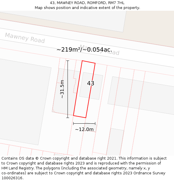 43, MAWNEY ROAD, ROMFORD, RM7 7HL: Plot and title map