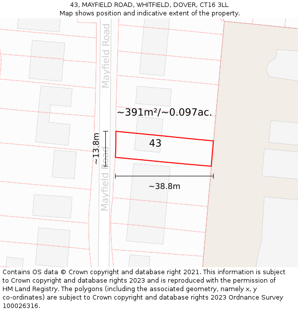 43, MAYFIELD ROAD, WHITFIELD, DOVER, CT16 3LL: Plot and title map