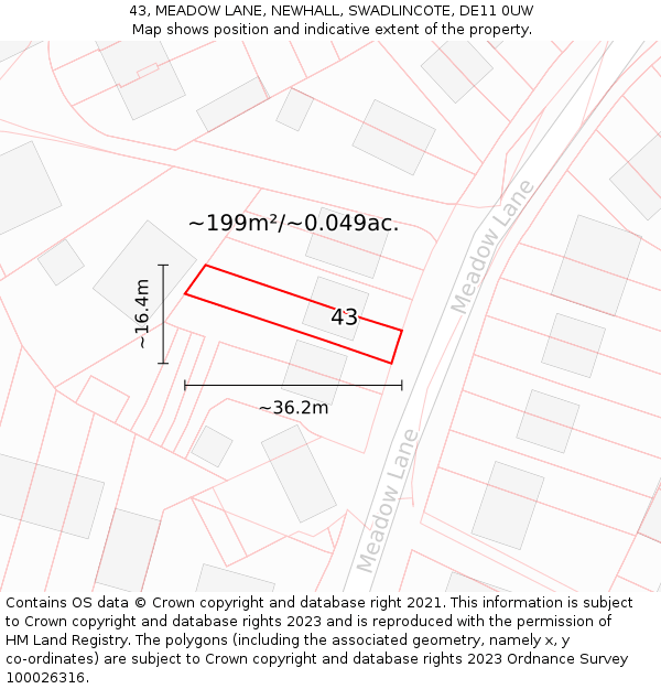 43, MEADOW LANE, NEWHALL, SWADLINCOTE, DE11 0UW: Plot and title map