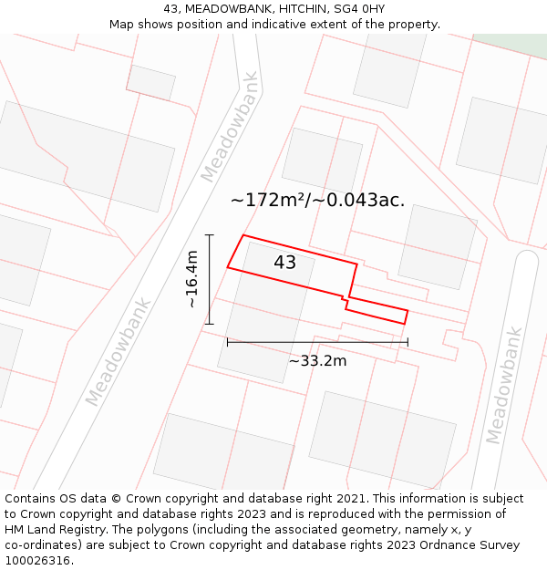 43, MEADOWBANK, HITCHIN, SG4 0HY: Plot and title map