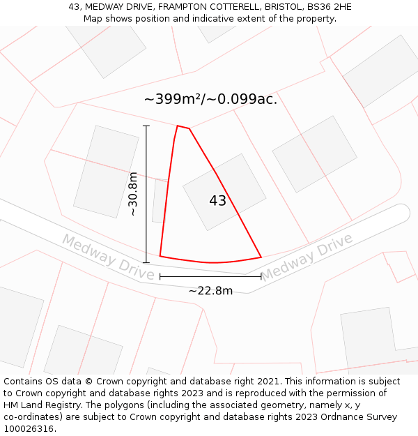 43, MEDWAY DRIVE, FRAMPTON COTTERELL, BRISTOL, BS36 2HE: Plot and title map