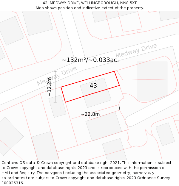 43, MEDWAY DRIVE, WELLINGBOROUGH, NN8 5XT: Plot and title map