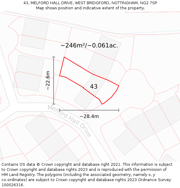 43, MELFORD HALL DRIVE, WEST BRIDGFORD, NOTTINGHAM, NG2 7SP: Plot and title map