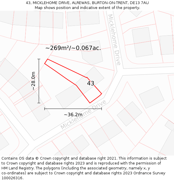 43, MICKLEHOME DRIVE, ALREWAS, BURTON-ON-TRENT, DE13 7AU: Plot and title map