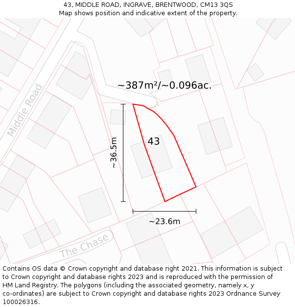 43, MIDDLE ROAD, INGRAVE, BRENTWOOD, CM13 3QS: Plot and title map