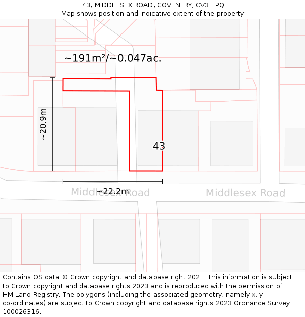 43, MIDDLESEX ROAD, COVENTRY, CV3 1PQ: Plot and title map