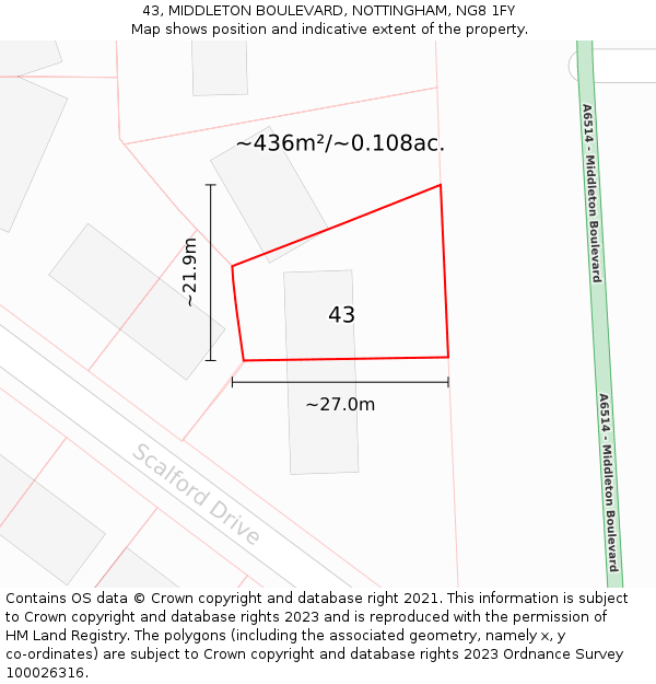 43, MIDDLETON BOULEVARD, NOTTINGHAM, NG8 1FY: Plot and title map