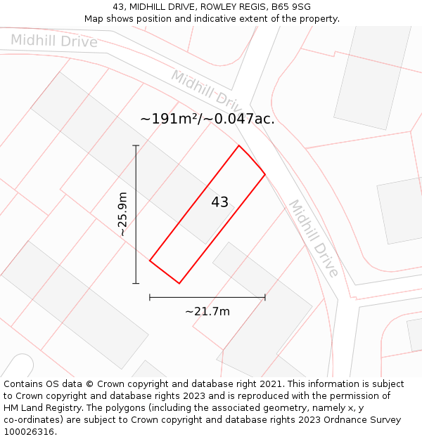 43, MIDHILL DRIVE, ROWLEY REGIS, B65 9SG: Plot and title map