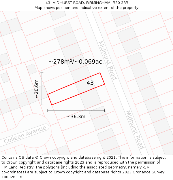 43, MIDHURST ROAD, BIRMINGHAM, B30 3RB: Plot and title map