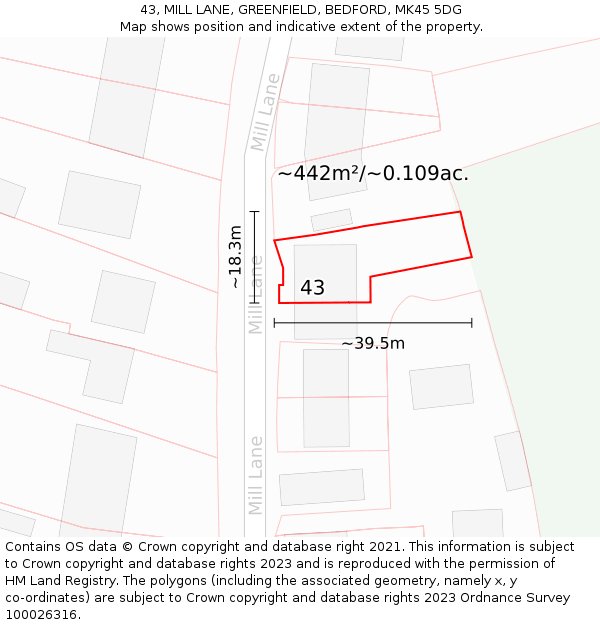 43, MILL LANE, GREENFIELD, BEDFORD, MK45 5DG: Plot and title map