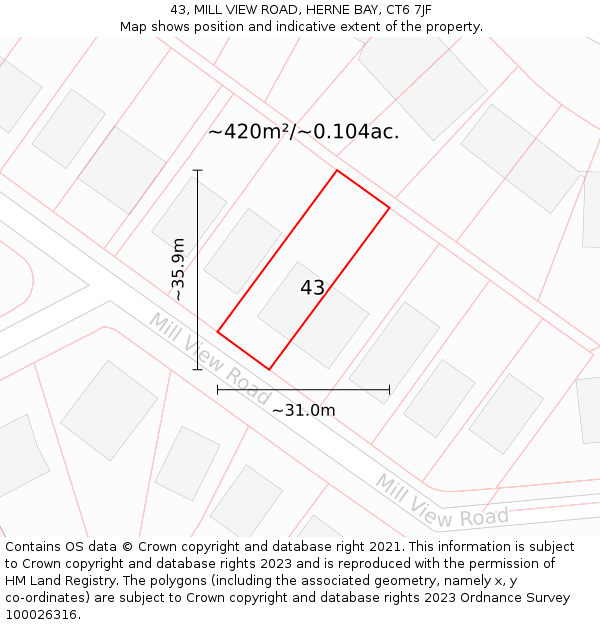 43, MILL VIEW ROAD, HERNE BAY, CT6 7JF: Plot and title map