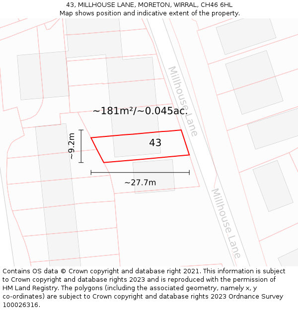 43, MILLHOUSE LANE, MORETON, WIRRAL, CH46 6HL: Plot and title map