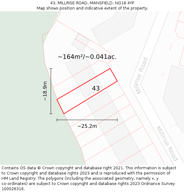 43, MILLRISE ROAD, MANSFIELD, NG18 4YP: Plot and title map