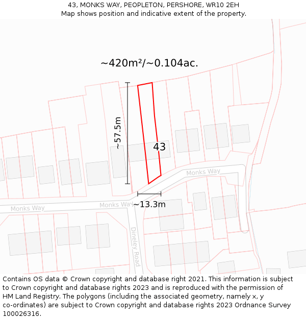 43, MONKS WAY, PEOPLETON, PERSHORE, WR10 2EH: Plot and title map